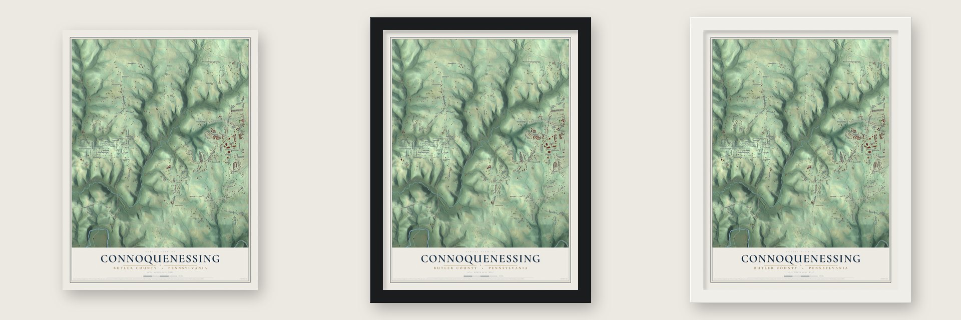 Connoquenessing, Butler County, Pennsylvania map unframed, in a black wood frame and in a white wood frame