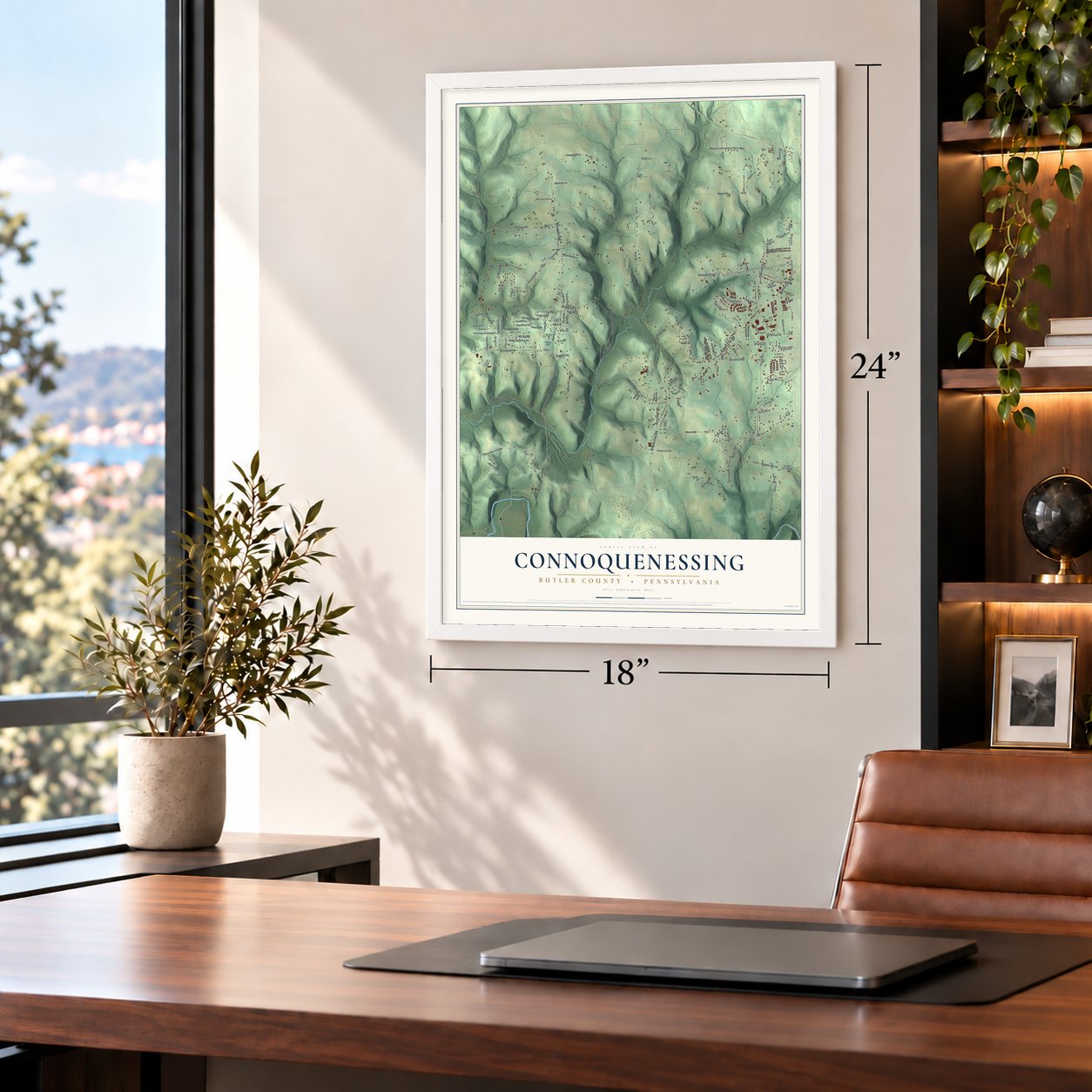 Connoquenessing, Butler County, Pennsylvania map, 18 x 24 inch print in a white frame in a home office