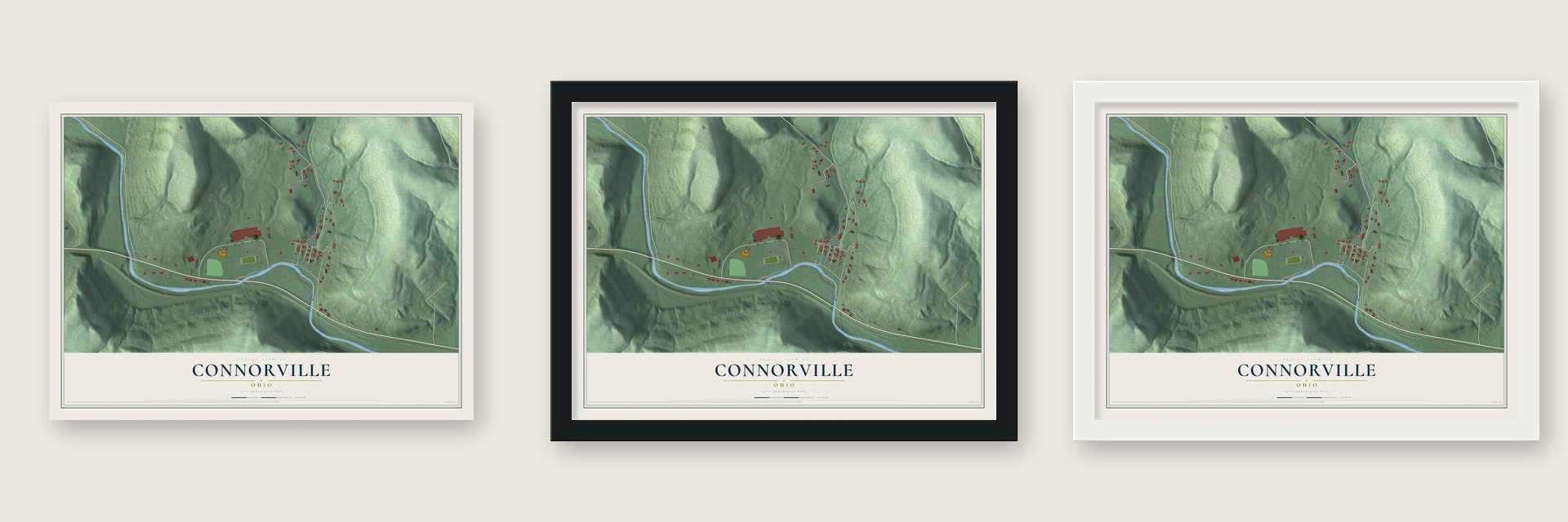 Connorville, Ohio map unframed, in a black wood frame and in a white wood frame
