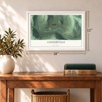 Connorville, Ohio map, 12 x 18 inch print in a white frame in an entryway
