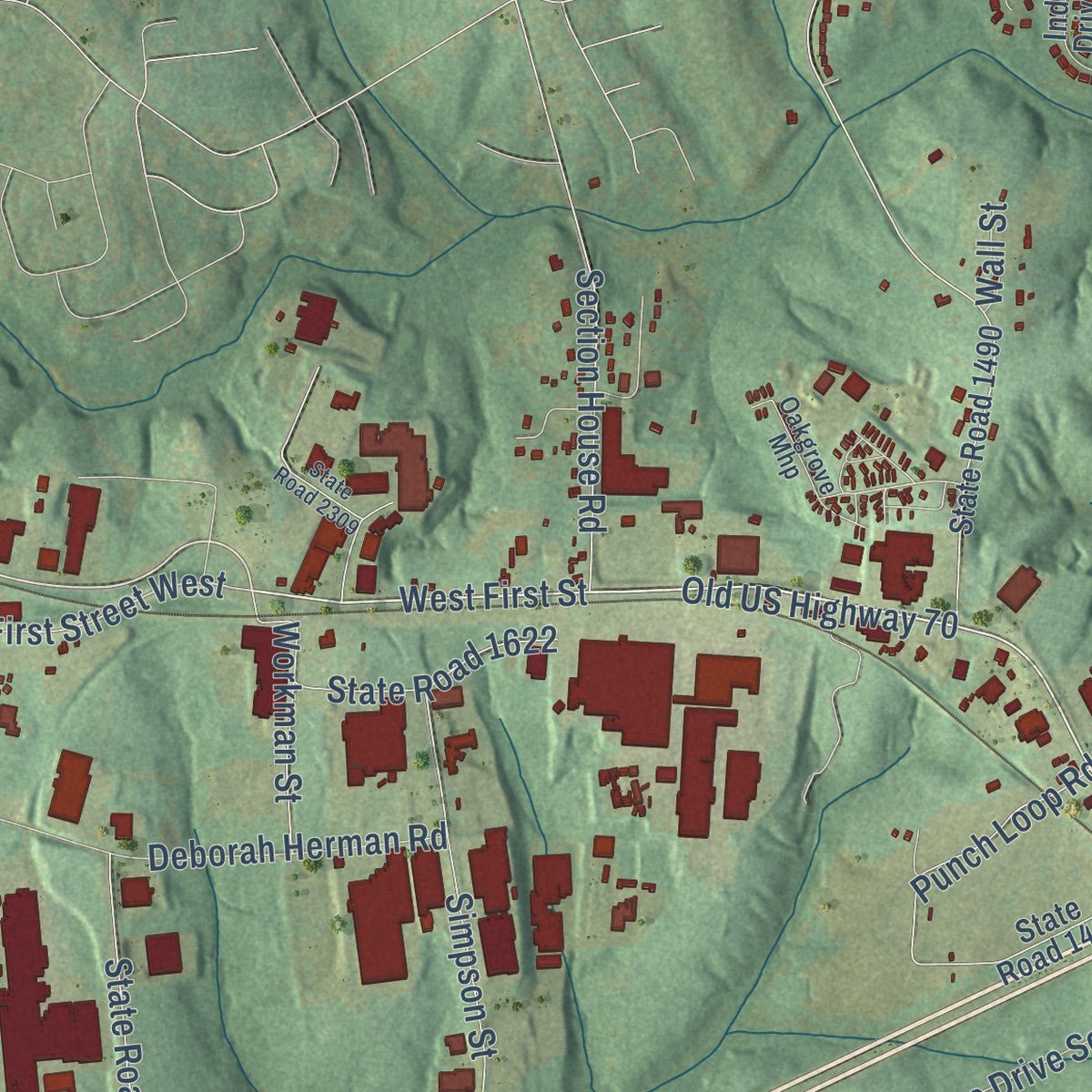 Second close-up of the map of Conover, North Carolina print showing more streets and buildings
