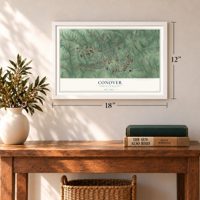 Conover, North Carolina map, 12 x 18 inch print in a white frame in an entryway