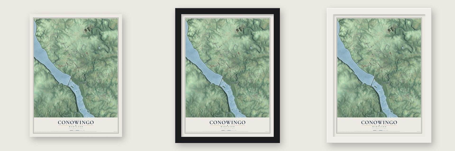 Conowingo, Maryland map unframed, in a black wood frame and in a white wood frame