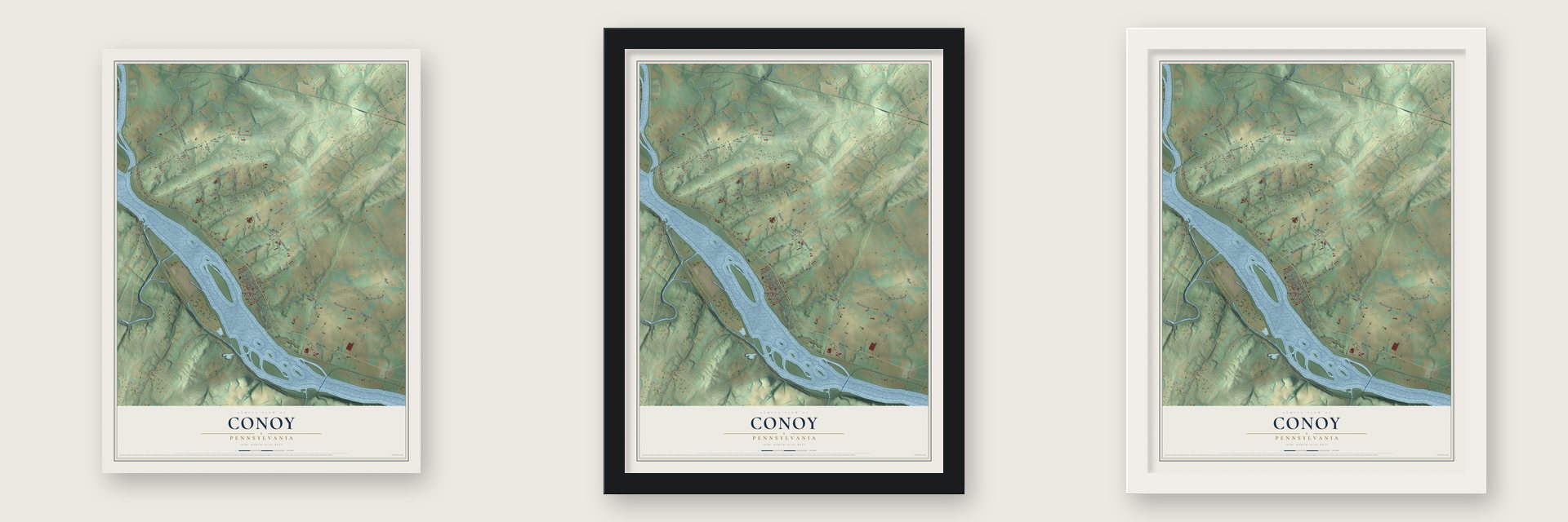 Conoy, Pennsylvania map unframed, in a black wood frame and in a white wood frame