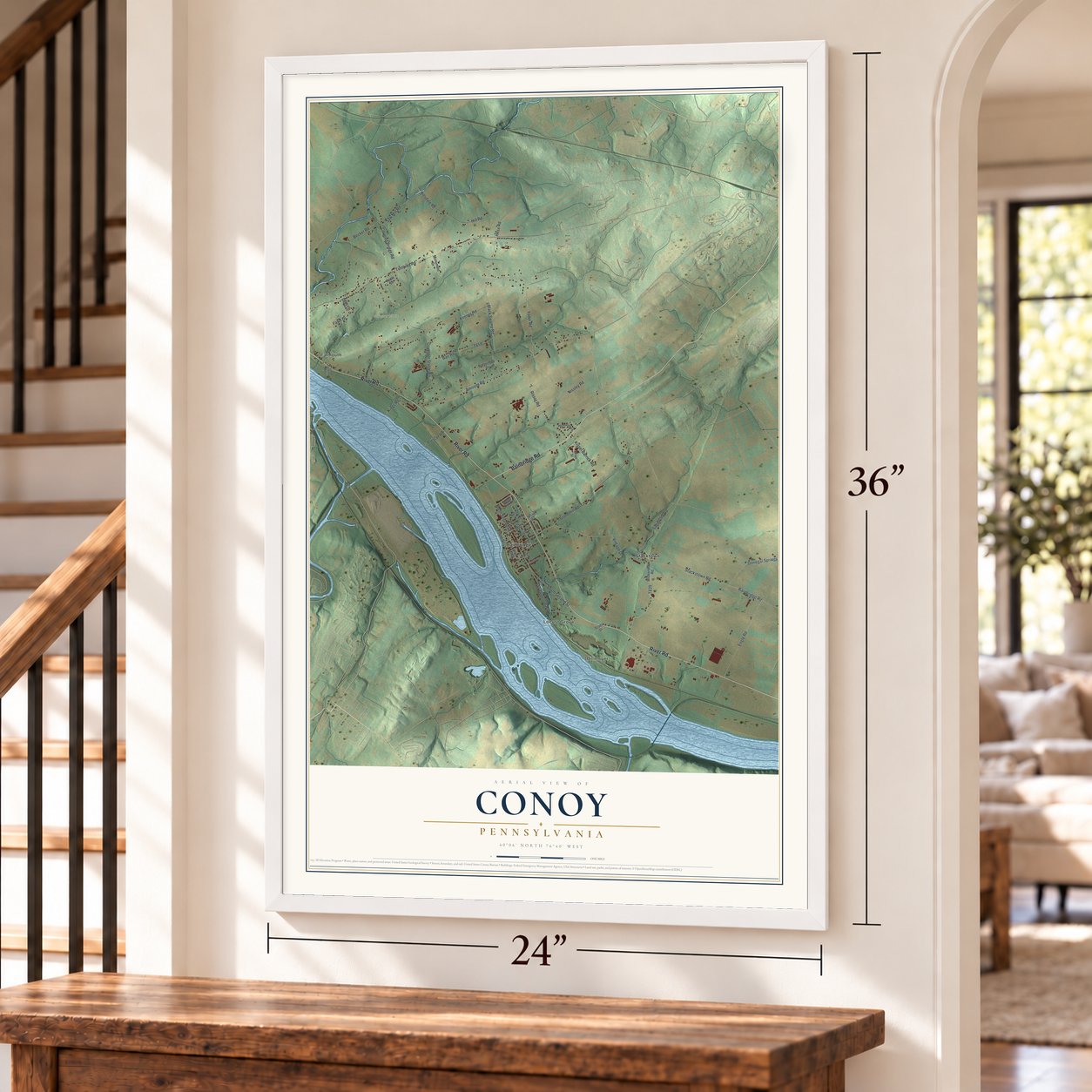 Conoy, Pennsylvania map, 24 x 36 inch print in a white frame by a staircase