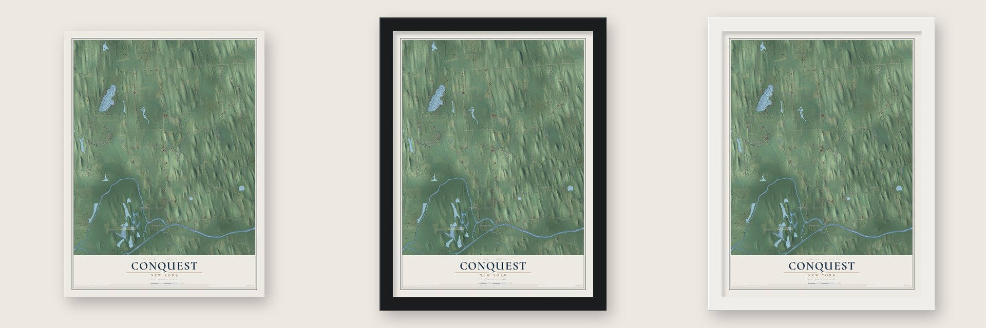 Conquest, New York map unframed, in a black wood frame and in a white wood frame