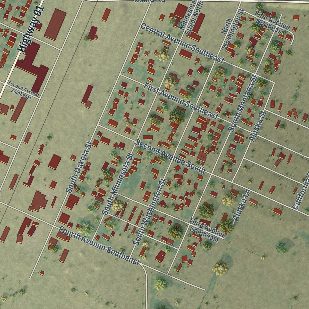 Second close-up of the map of Conrad, Montana print showing more streets and buildings