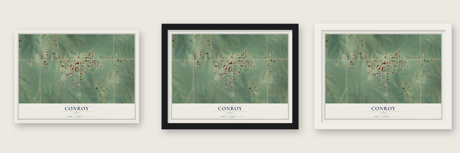 Conroy, Iowa map unframed, in a black wood frame and in a white wood frame
