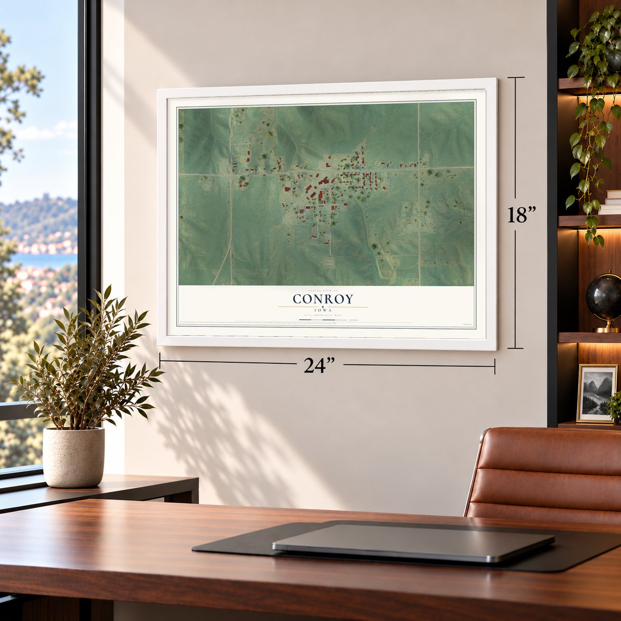 Conroy, Iowa map, 18 x 24 inch print in a white frame in a home office