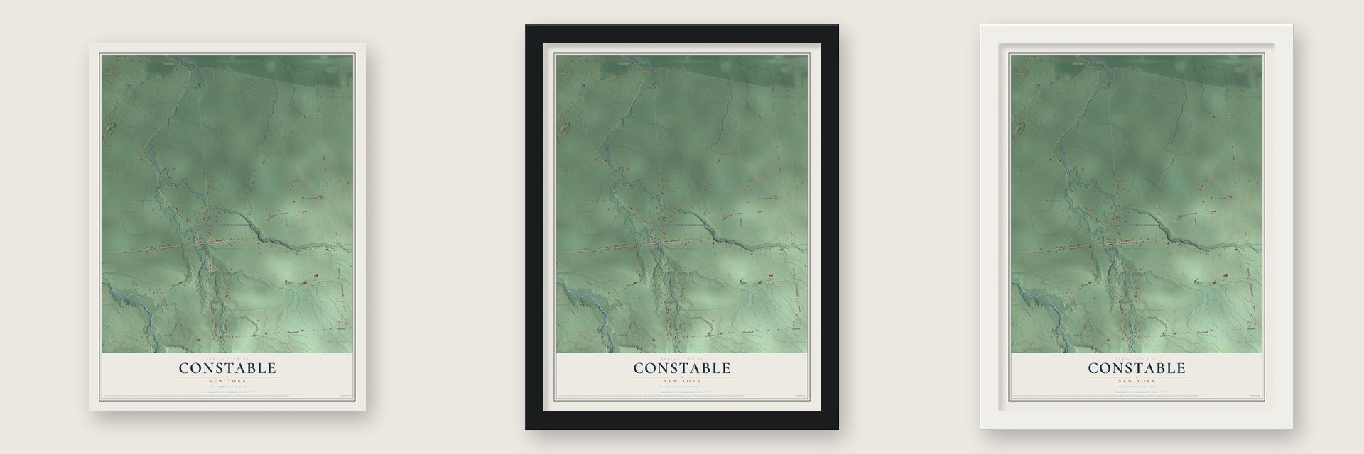 Constable, New York map unframed, in a black wood frame and in a white wood frame
