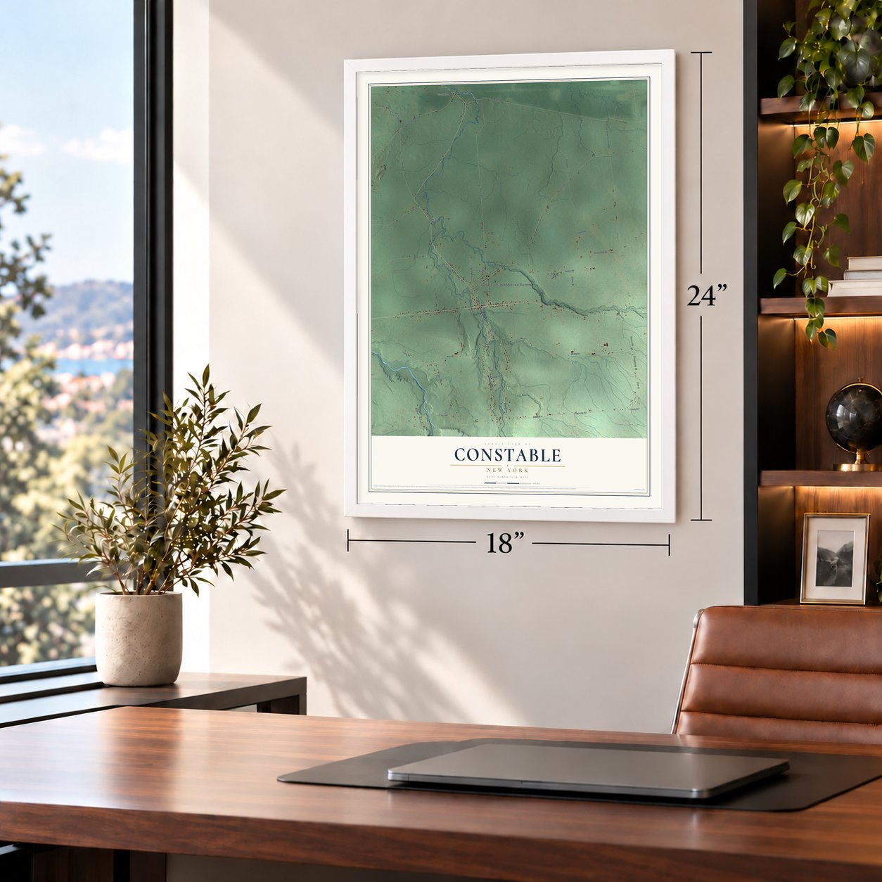 Constable, New York map, 18 x 24 inch print in a white frame in a home office