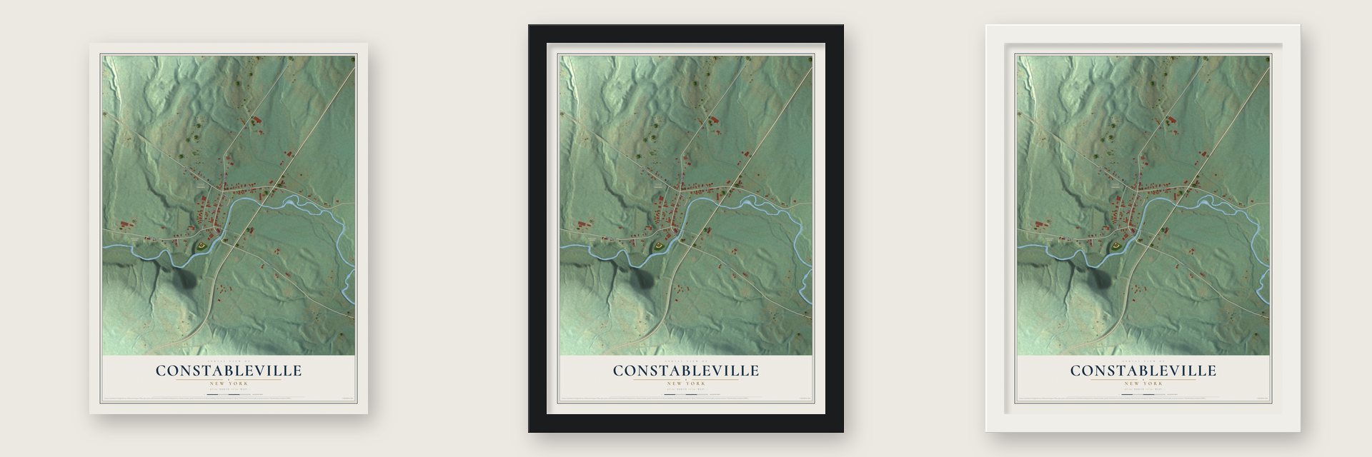 Constableville, New York map unframed, in a black wood frame and in a white wood frame
