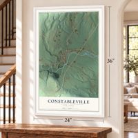 Constableville, New York map, 24 x 36 inch print in a white frame by a staircase