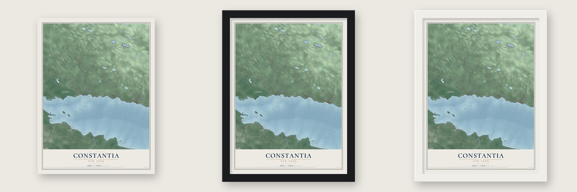 Constantia, New York map unframed, in a black wood frame and in a white wood frame