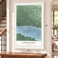 Constantia, New York map, 24 x 36 inch print in a white frame by a staircase