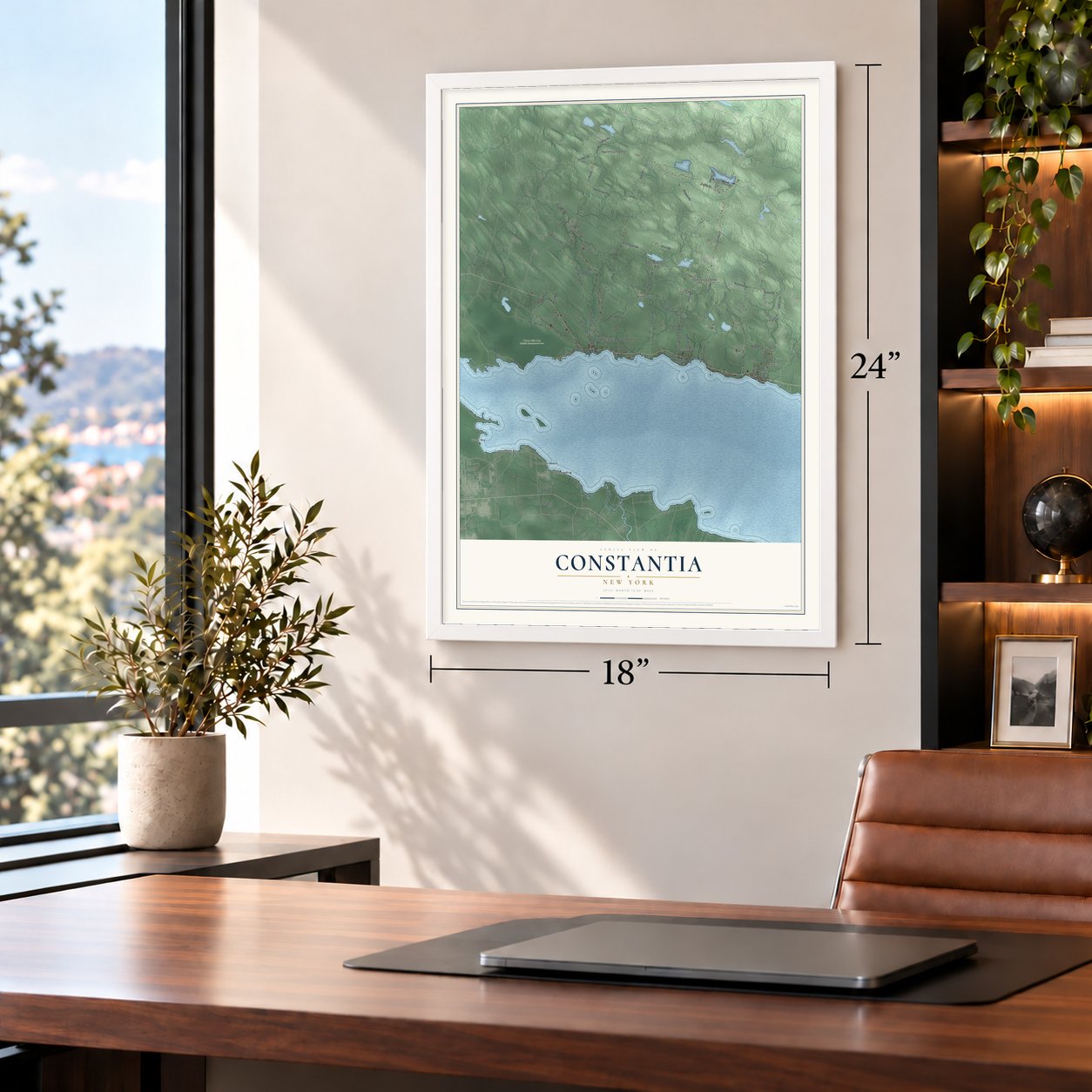 Constantia, New York map, 18 x 24 inch print in a white frame in a home office