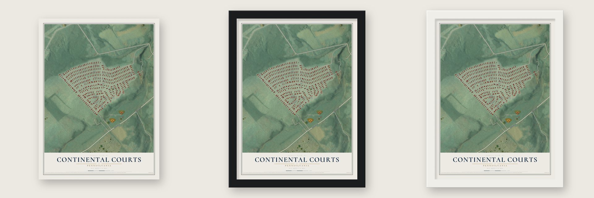 Continental Courts, Pennsylvania map unframed, in a black wood frame and in a white wood frame