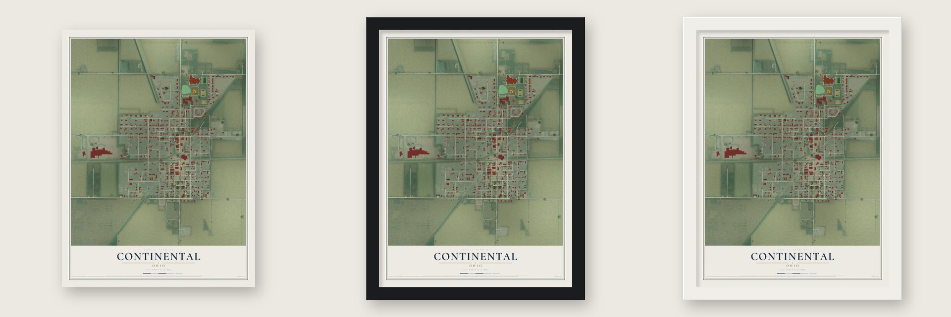 Continental, Ohio map unframed, in a black wood frame and in a white wood frame