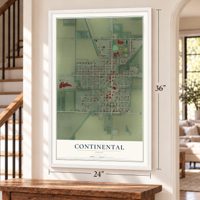 Continental, Ohio map, 24 x 36 inch print in a white frame by a staircase