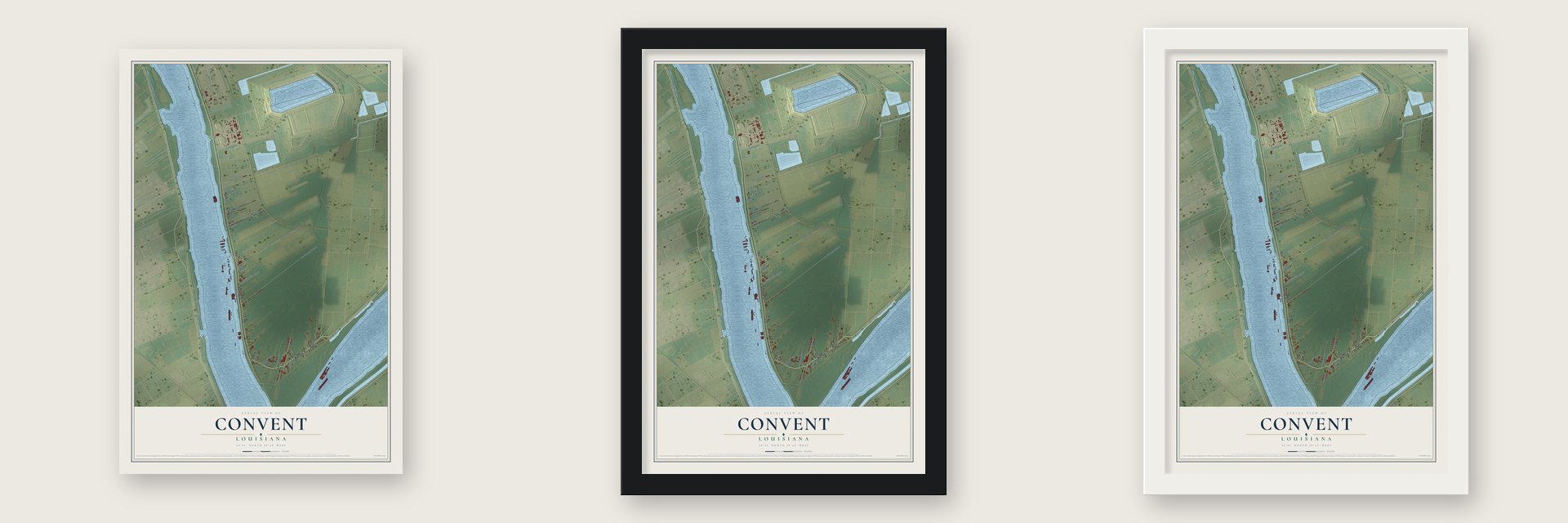 Convent, Louisiana map unframed, in a black wood frame and in a white wood frame