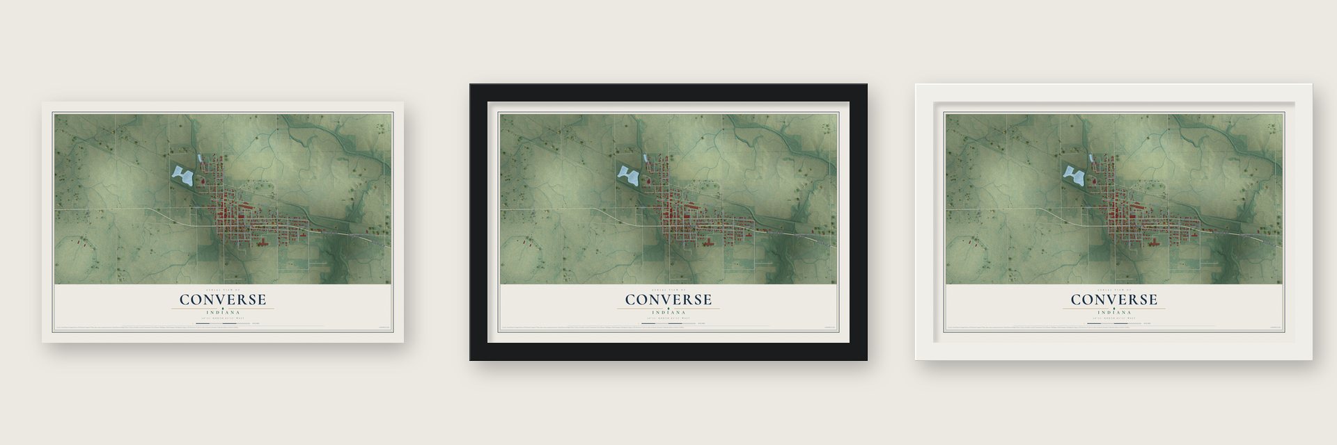 Converse, Indiana map unframed, in a black wood frame and in a white wood frame