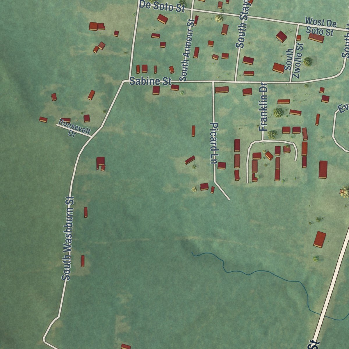 Second close-up of the map of Converse, Louisiana print showing more streets and buildings