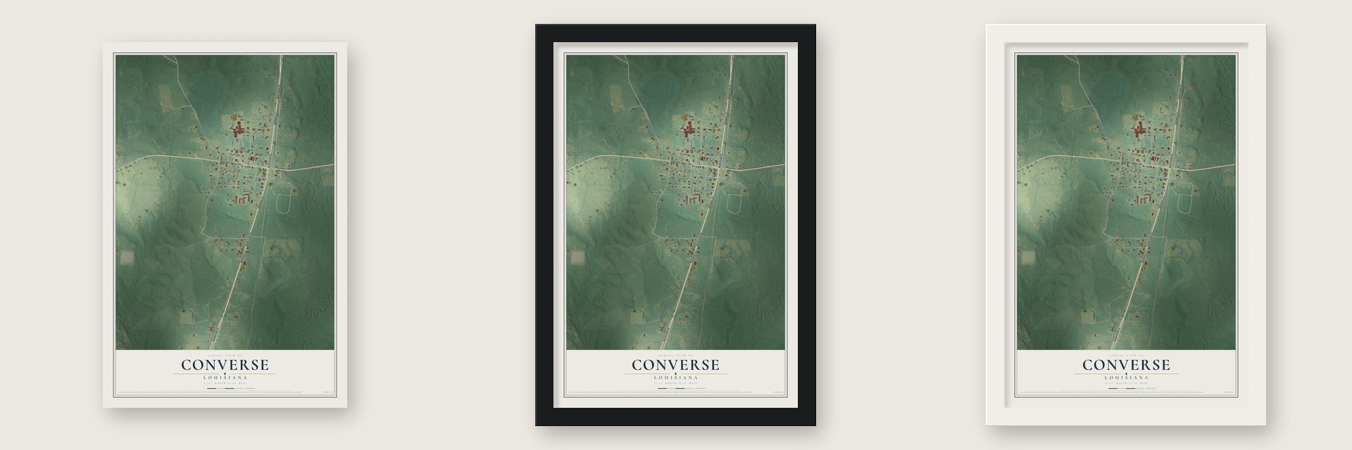 Converse, Louisiana map unframed, in a black wood frame and in a white wood frame