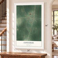 Converse, Louisiana map, 24 x 36 inch print in a white frame by a staircase