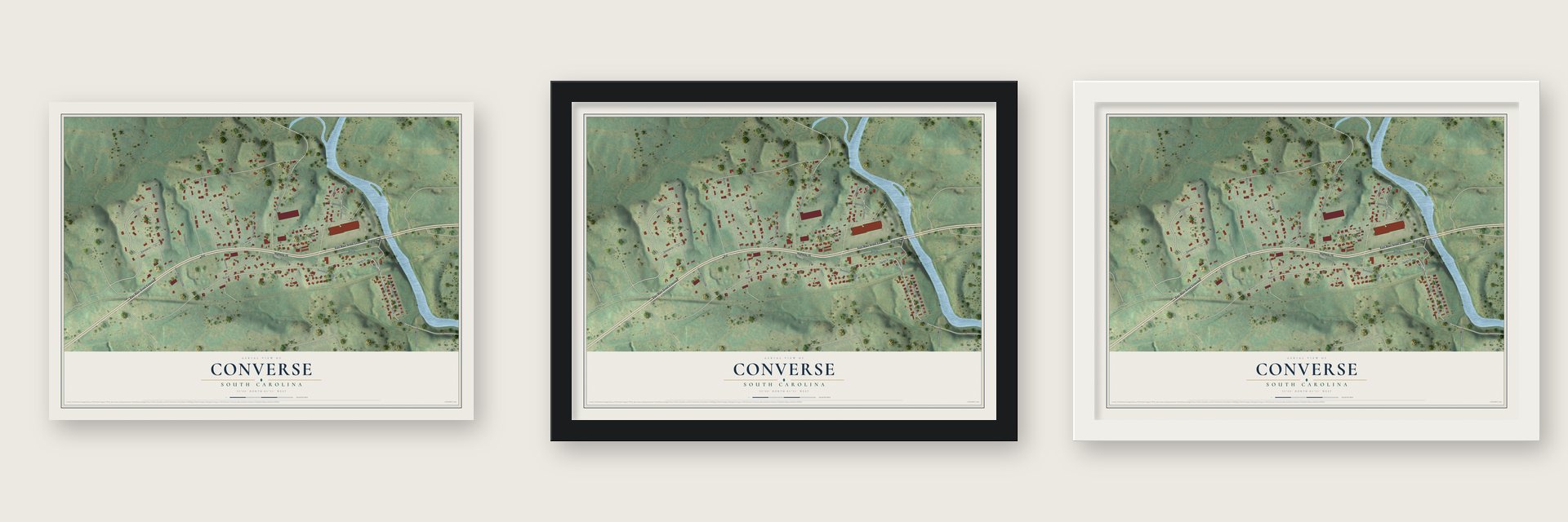 Converse, South Carolina map unframed, in a black wood frame and in a white wood frame