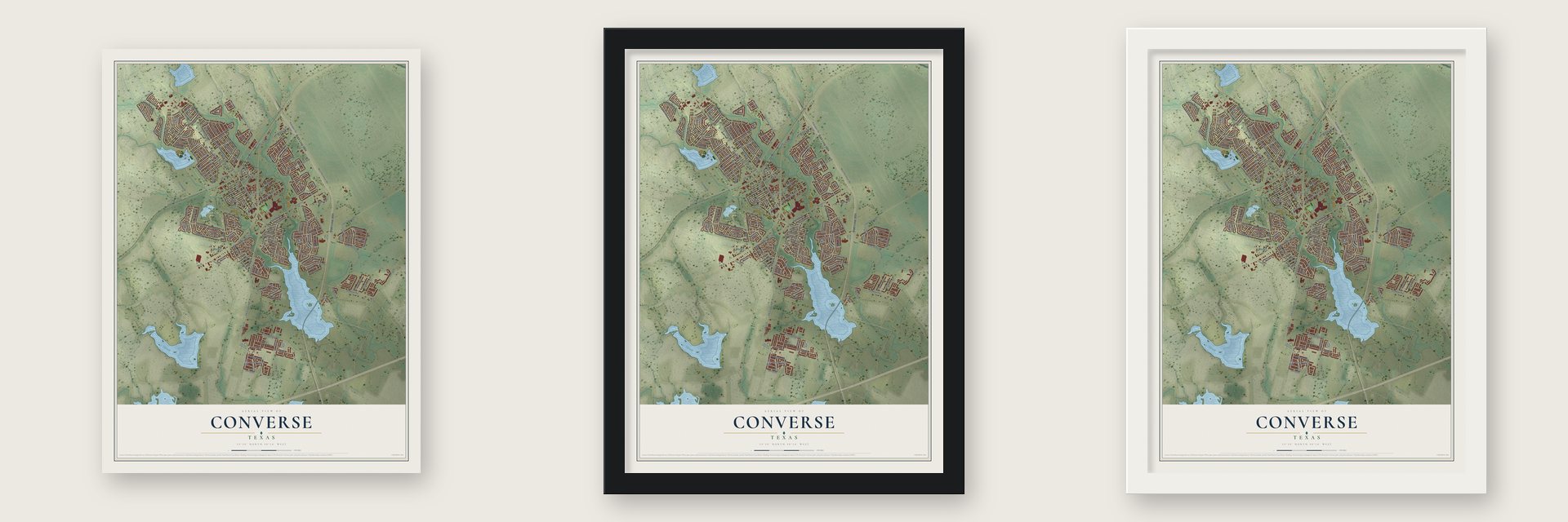 Converse, Texas map unframed, in a black wood frame and in a white wood frame