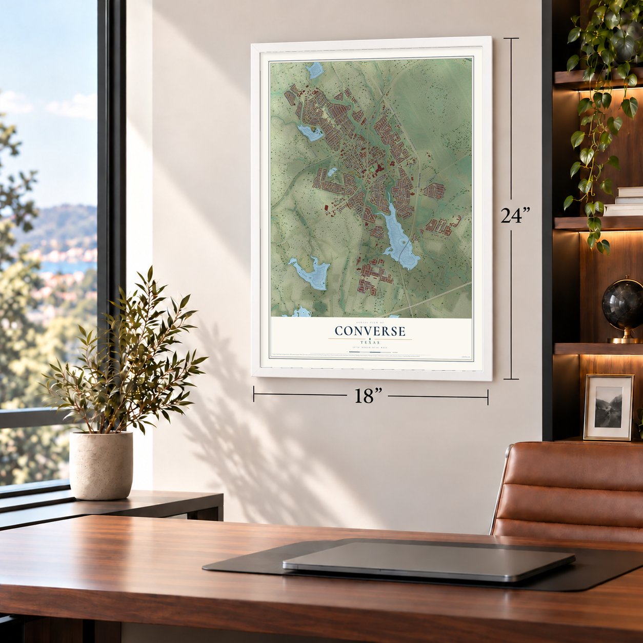 Converse, Texas map, 18 x 24 inch print in a white frame in a home office