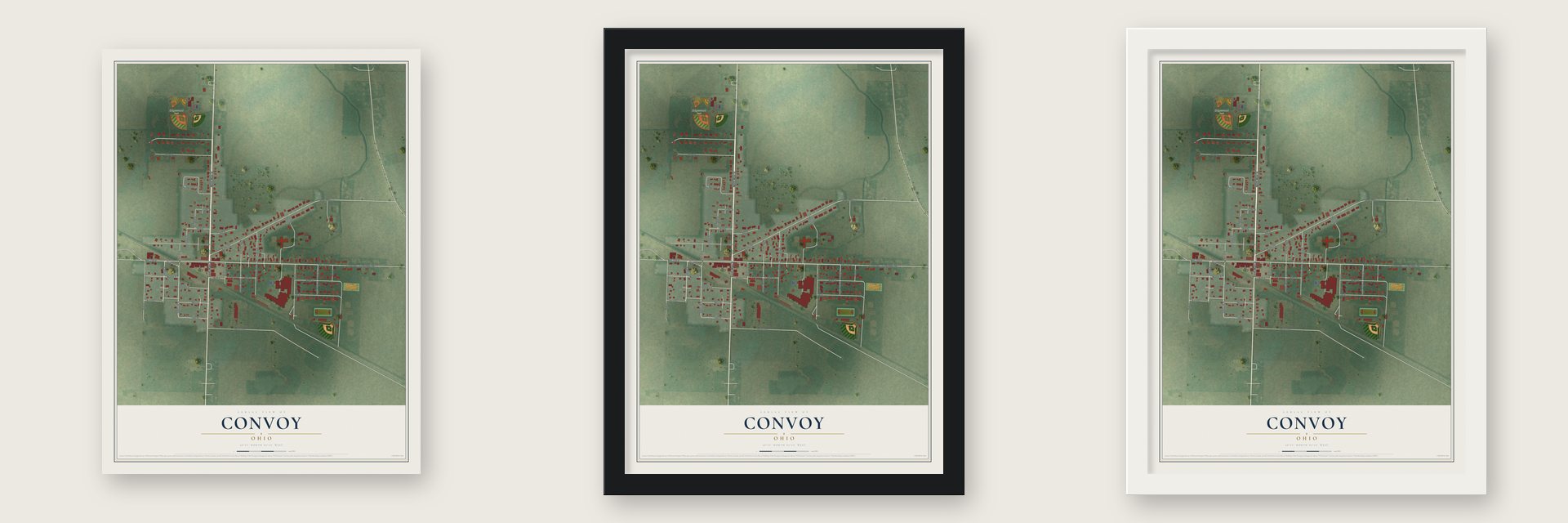 Convoy, Ohio map unframed, in a black wood frame and in a white wood frame