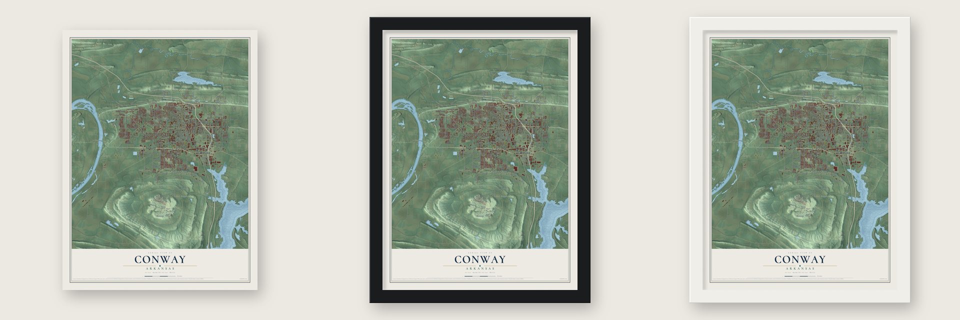 Conway, Arkansas map unframed, in a black wood frame and in a white wood frame