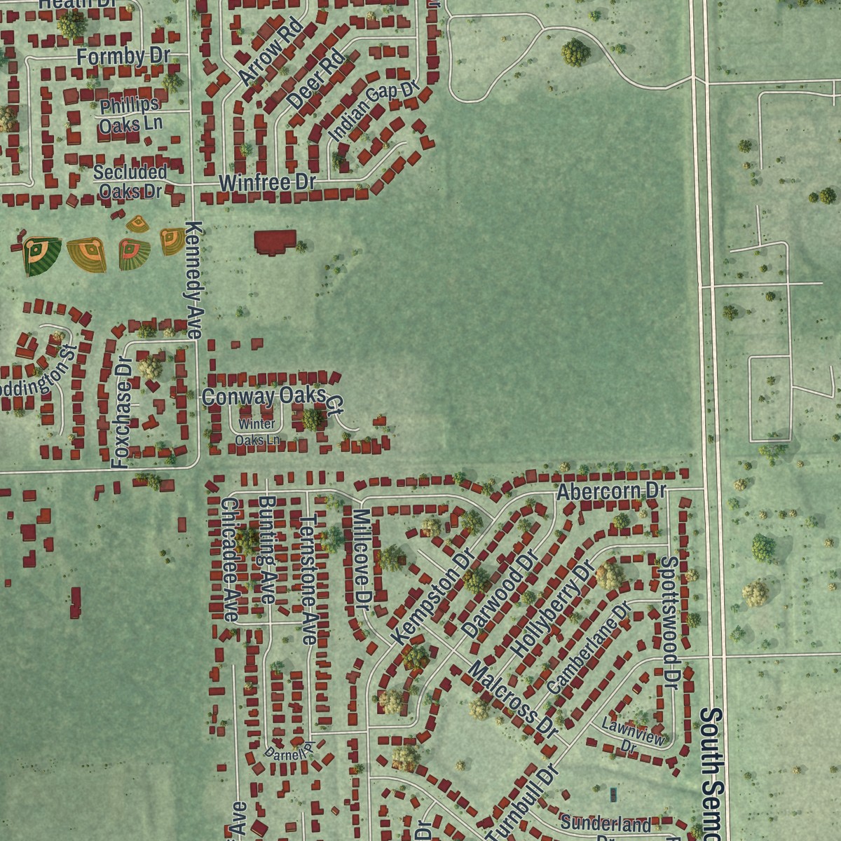 Second close-up of the map of Conway, Florida print showing more streets and buildings