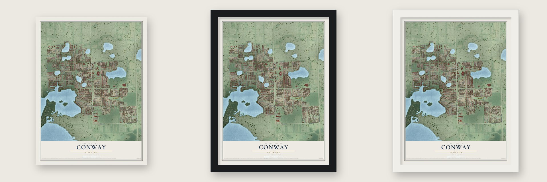 Conway, Florida map unframed, in a black wood frame and in a white wood frame