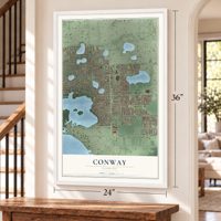 Conway, Florida map, 24 x 36 inch print in a white frame by a staircase