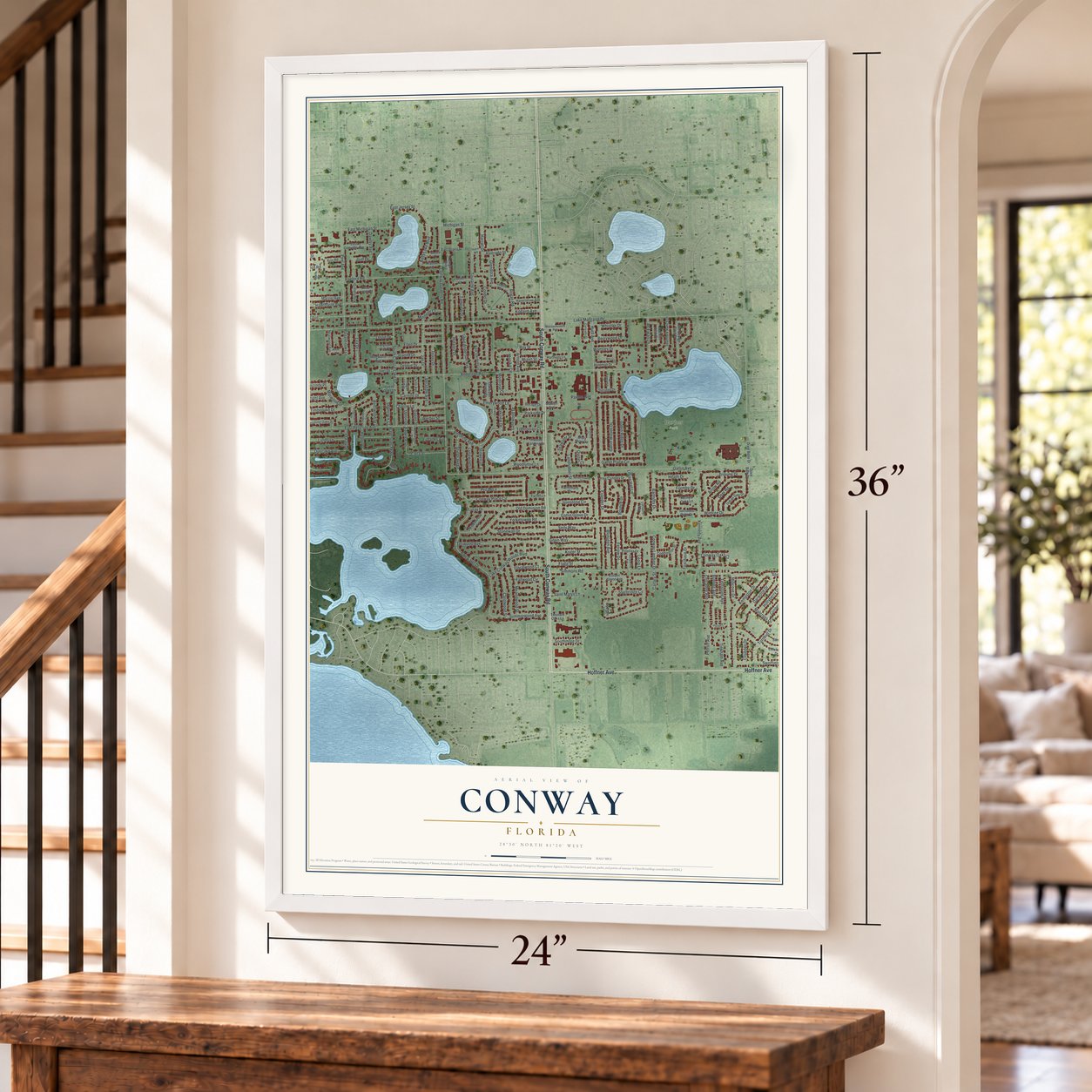 Conway, Florida map, 24 x 36 inch print in a white frame by a staircase