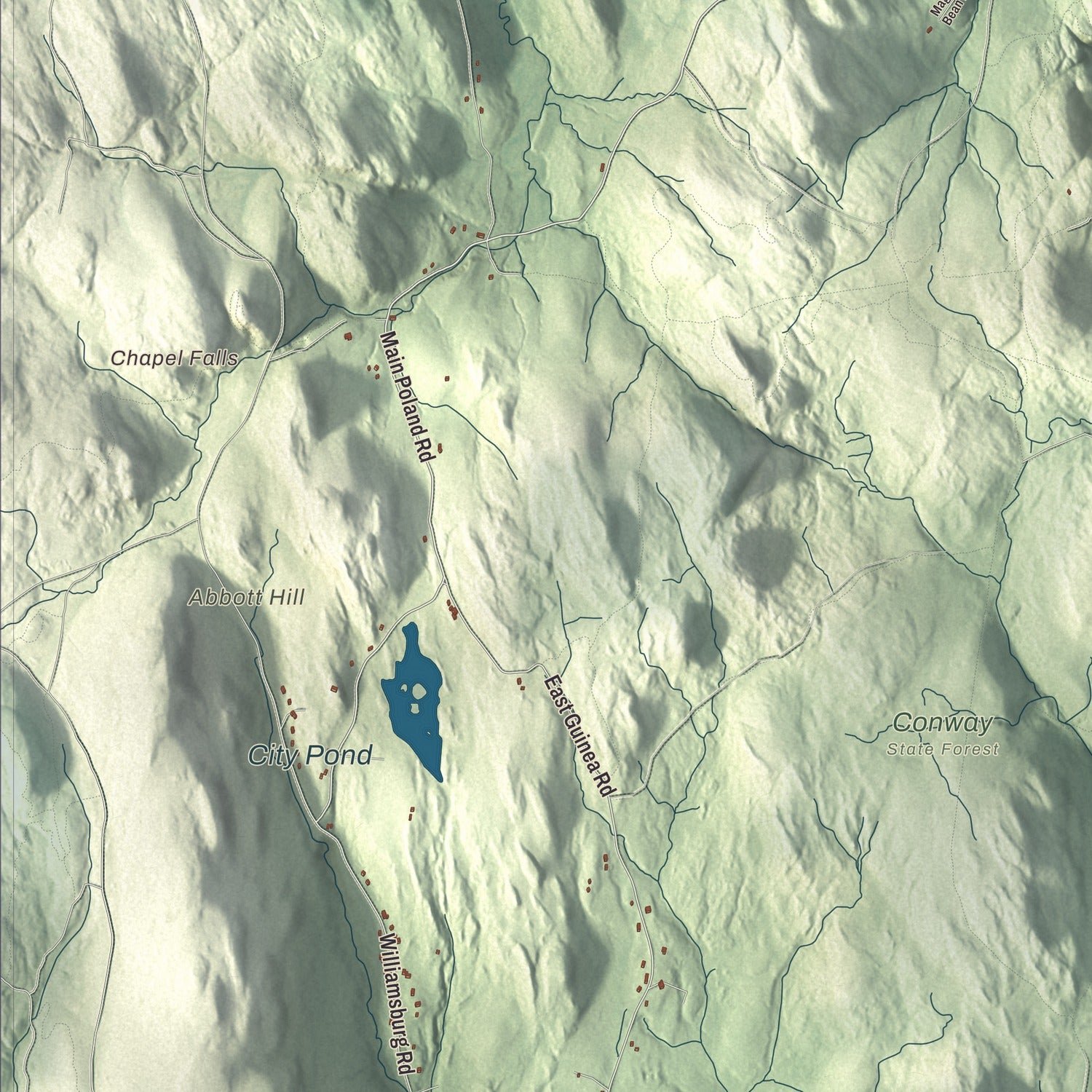 Close-up of the map of Conway, Massachusetts print showing terrain and local geography