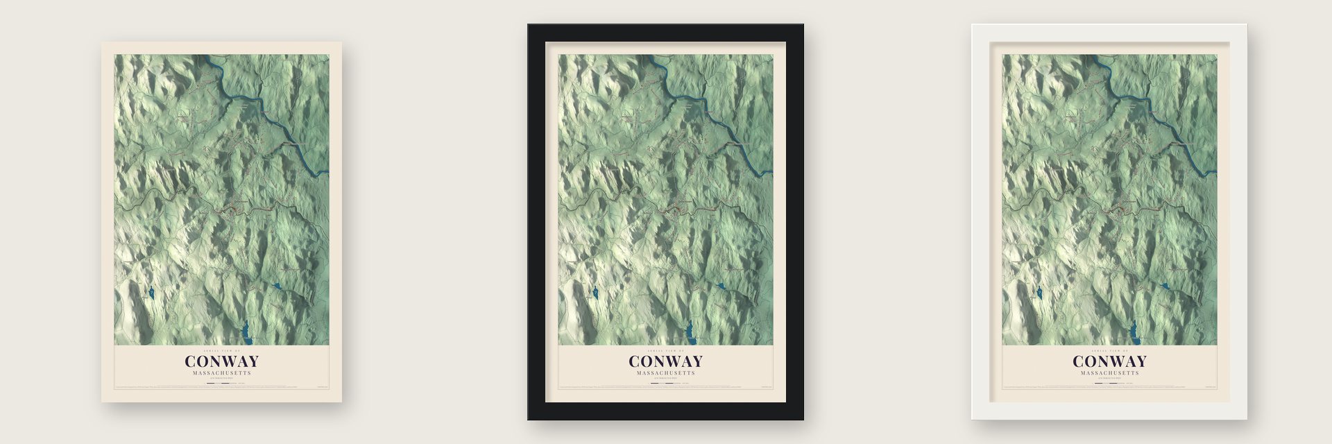 Conway, Massachusetts map unframed, in a black wood frame and in a white wood frame