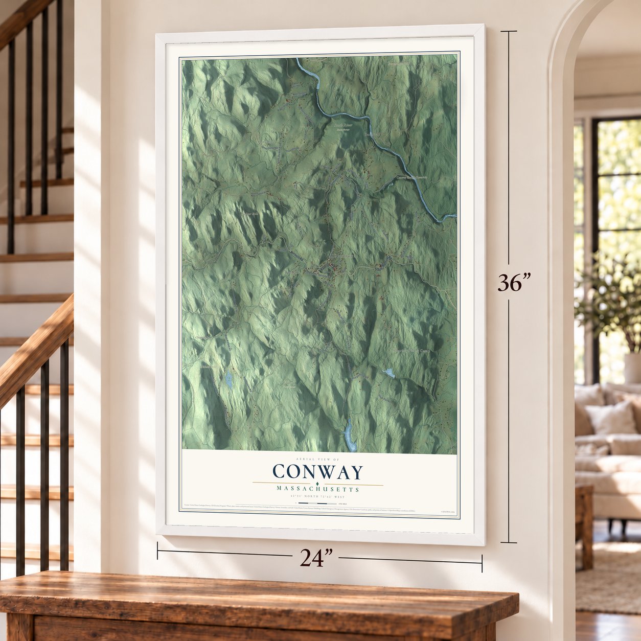 Conway, Massachusetts map, 24 x 36 inch print in a white frame by a staircase