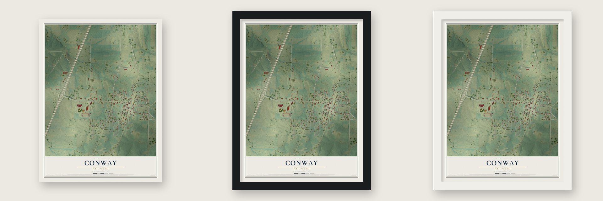 Conway, Missouri map unframed, in a black wood frame and in a white wood frame