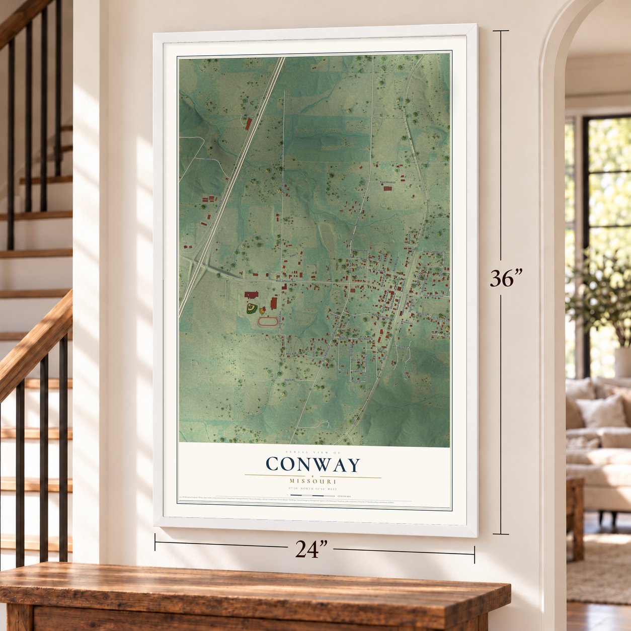 Conway, Missouri map, 24 x 36 inch print in a white frame by a staircase