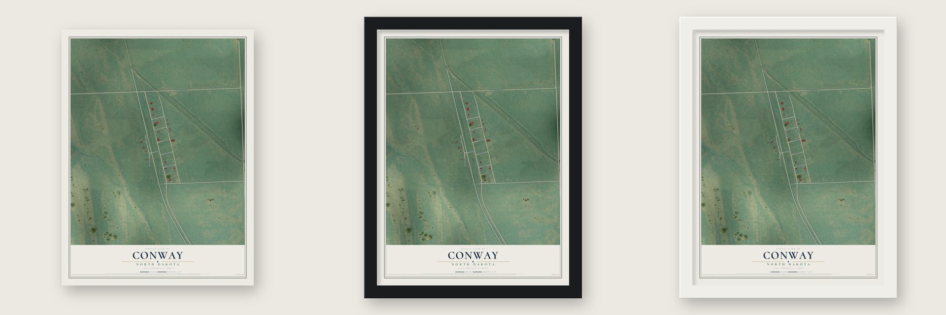 Conway, North Dakota map unframed, in a black wood frame and in a white wood frame