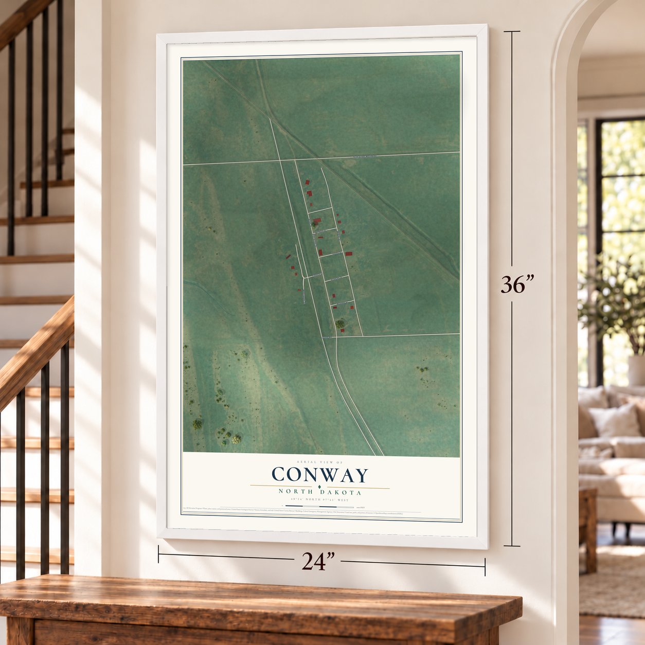 Conway, North Dakota map, 24 x 36 inch print in a white frame by a staircase