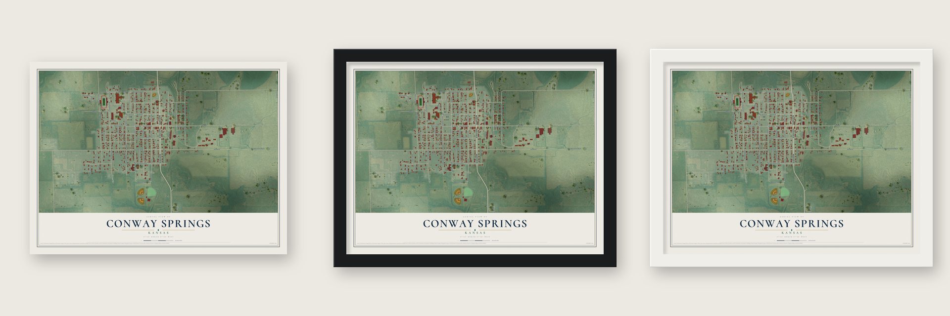 Conway Springs, Kansas map unframed, in a black wood frame and in a white wood frame