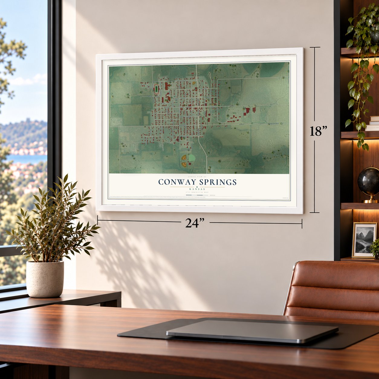 Conway Springs, Kansas map, 18 x 24 inch print in a white frame in a home office