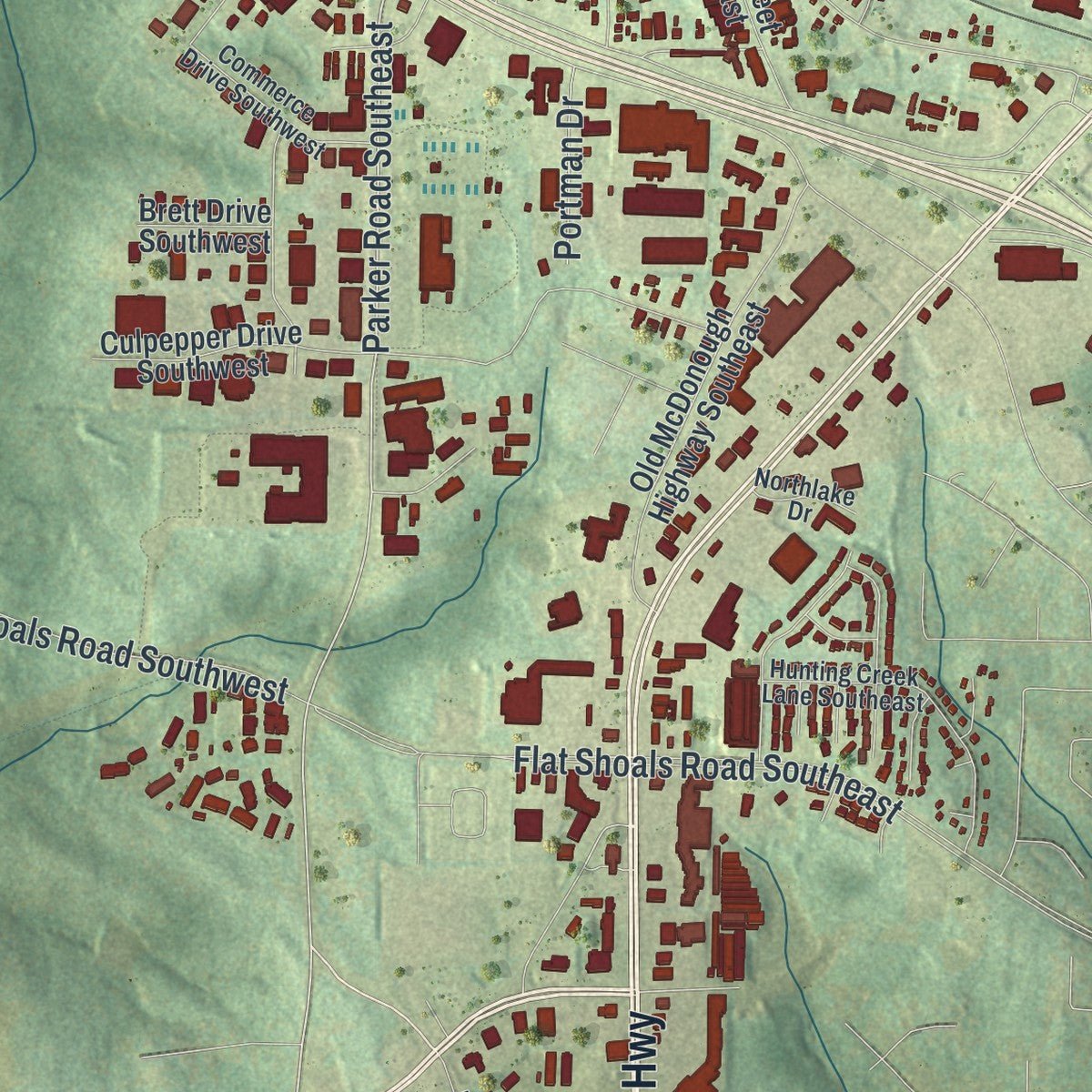 Second close-up of the map of Conyers, Georgia print showing more streets and buildings