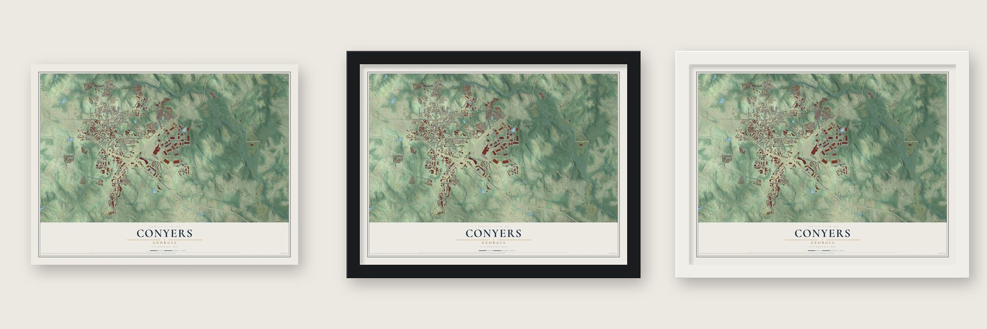 Conyers, Georgia map unframed, in a black wood frame and in a white wood frame