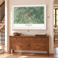 Conyers, Georgia map, 24 x 36 inch print in a white frame above a dresser by a staircase