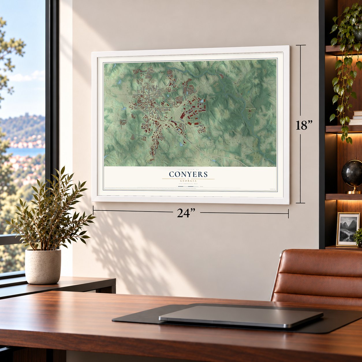 Conyers, Georgia map, 18 x 24 inch print in a white frame in a home office